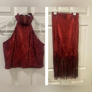 Red Sequin Fringe Skirt